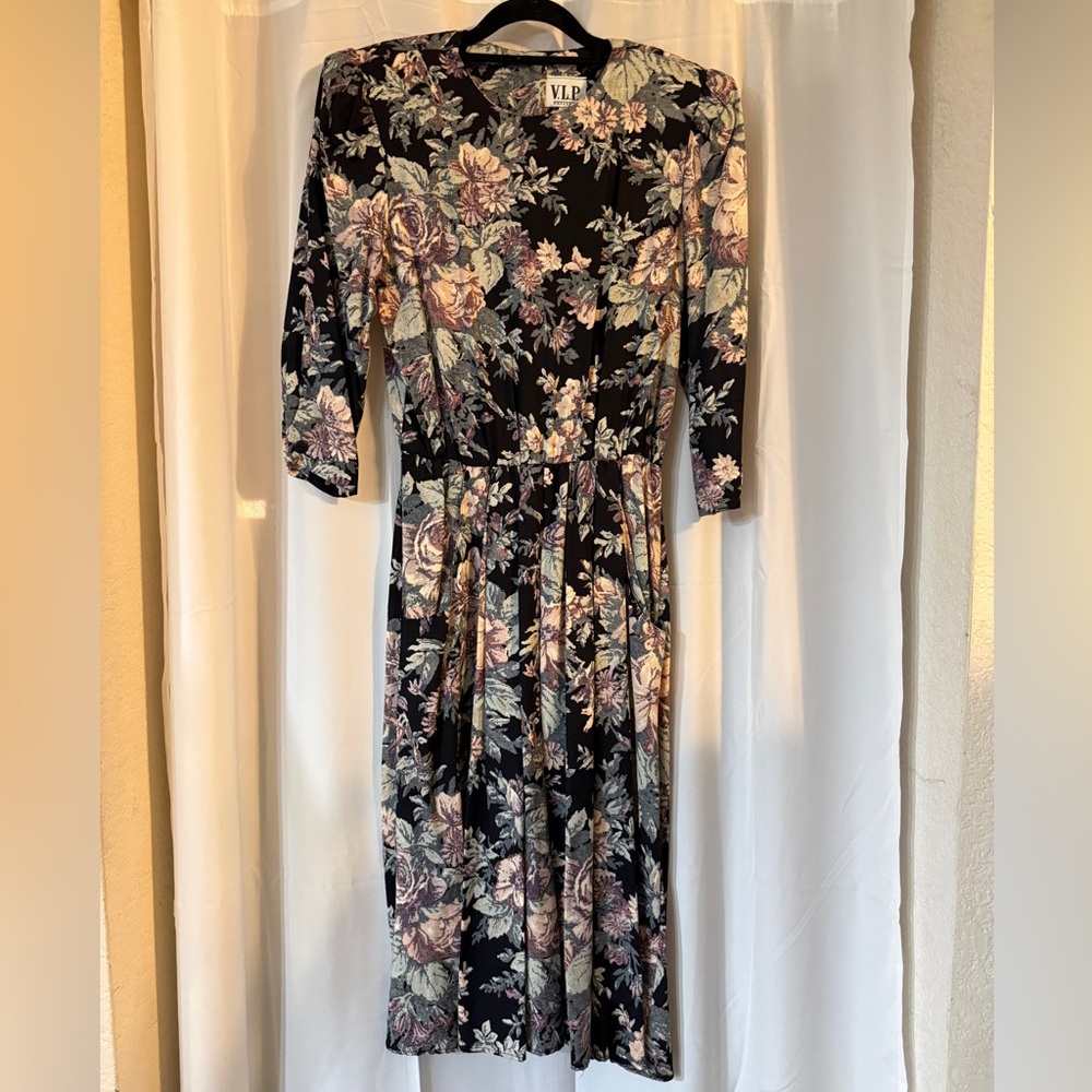 Vintage 90s Floral Midi Dress Union Made USA Size 8 Shoulder Pads